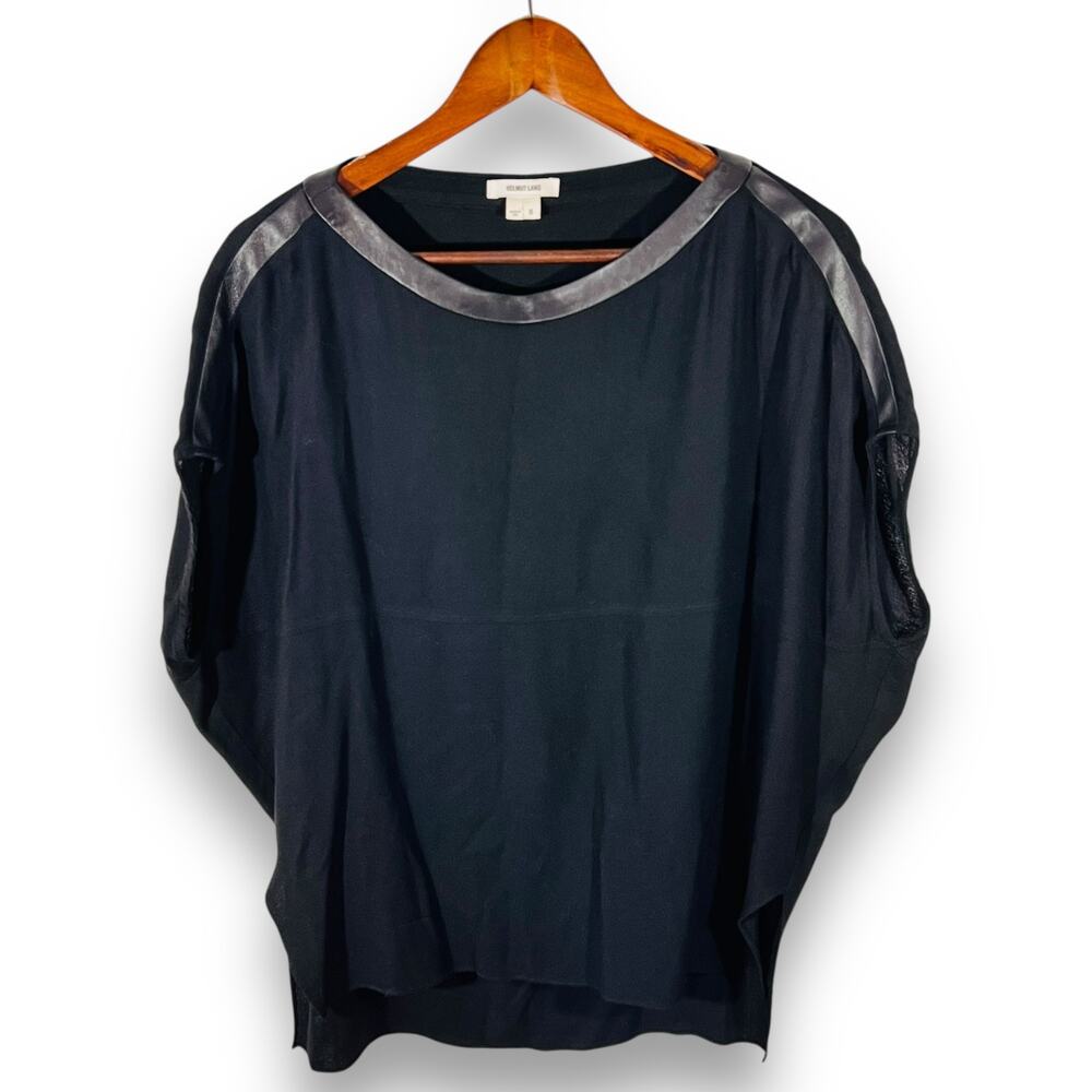 Helmut Lang Leather Trim Top Black Minimalist Designer Dolman Sleeve Size 4 - Picture 2 of 10